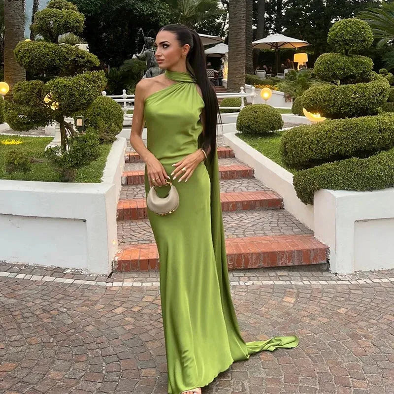 Backless lace-up maxi dress by Femstylo, sleeveless party gown with ribbon details, elegant evening dress for formal occasions.