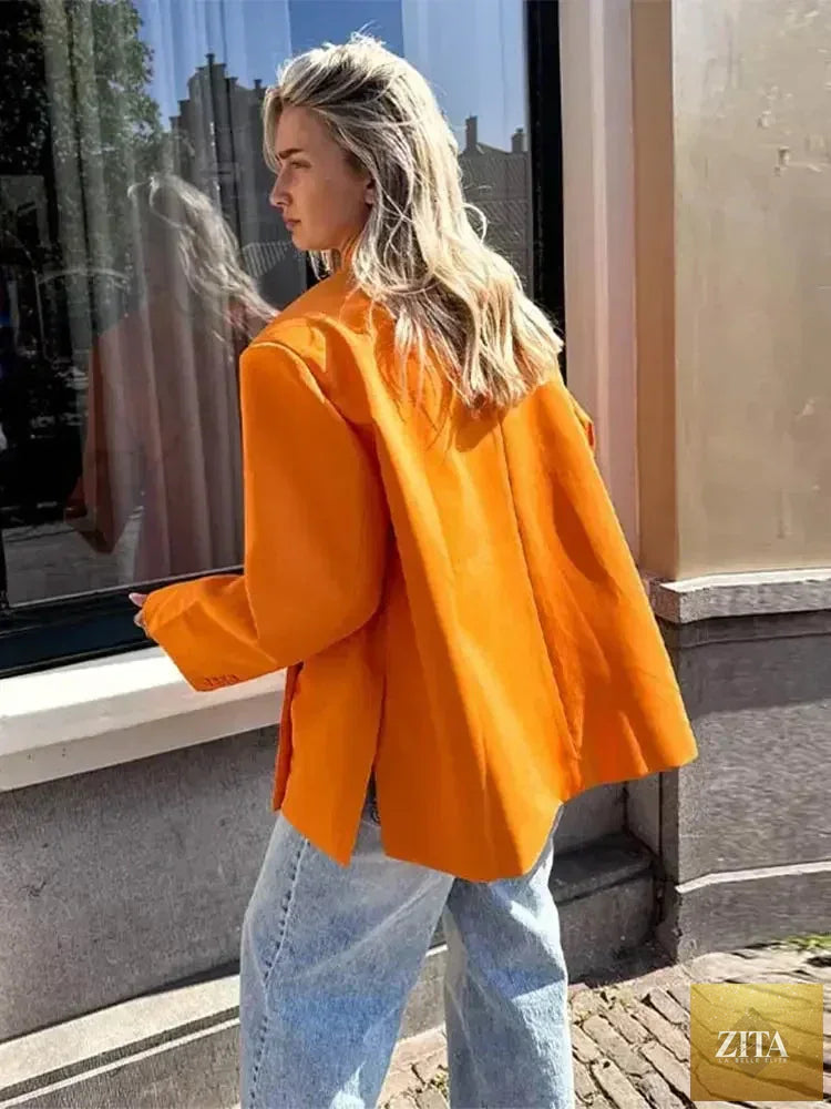 Women's Femstylo V-neck side-buttoned suit jacket with long sleeves, solid color, oversized fit, pocket cuffs, high street style.