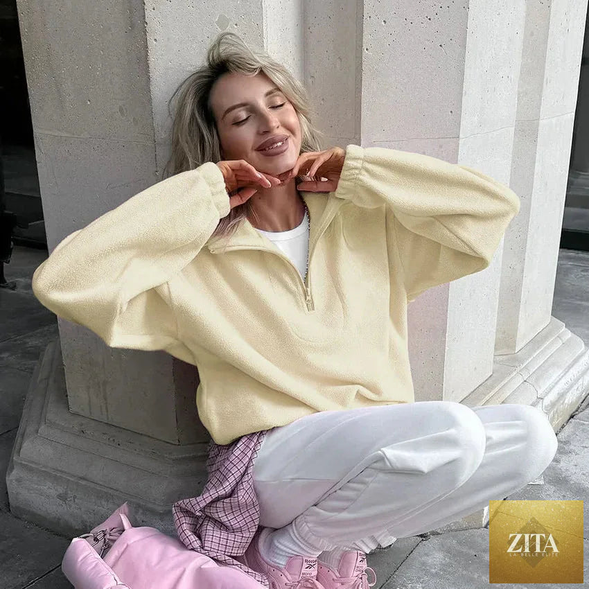 Women’s autumn winter fleece hoodie with stand collar, zipper, loose fit, solid color, casual streetwear from LadyShow.