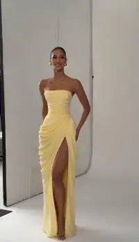 Solid pleated strapless women's dress by FLIPSTYLEZLLC featuring backless, off-shoulder design, high waist, and side slit for summer events.