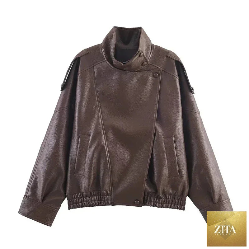 2026 Autumn Women's Faux Leather Jacket Brown Black Long Sleeve Stand Collar Thick Loose Lady Coat Fashion Motorcycle Streetwear