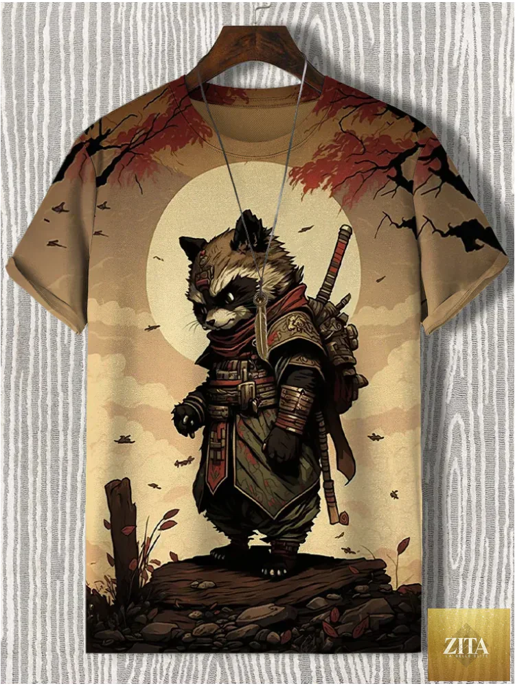 Samurai Cat graphic T-shirt by Zita La Belle Elite featuring Japanese-style 3D print, men's streetwear tee with bold design.