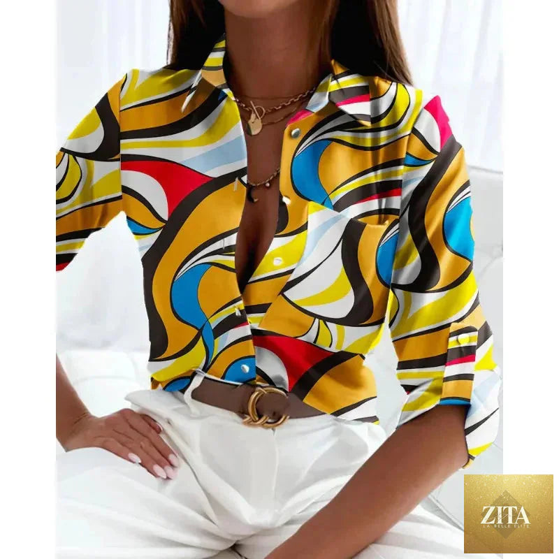 Women’s printed long-sleeve lapel shirt by FitiqueFit, casual elegant blouse with a stylish print and classic lapel collar.