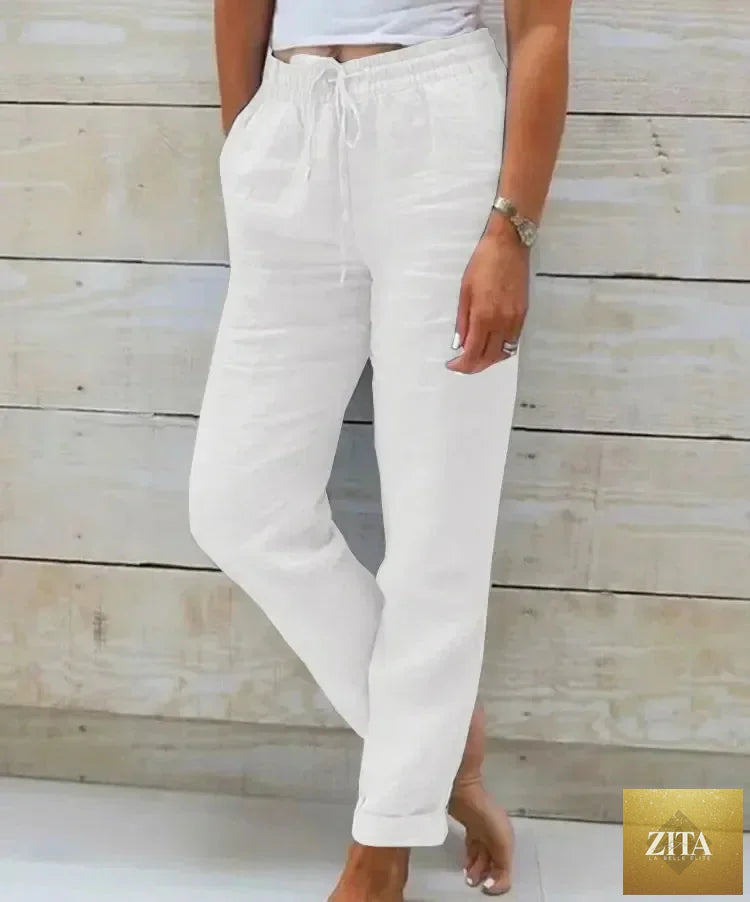 Ladyez cotton linen summer pants for women, high waist elastic casual trousers with a loose pencil fit and solid color.