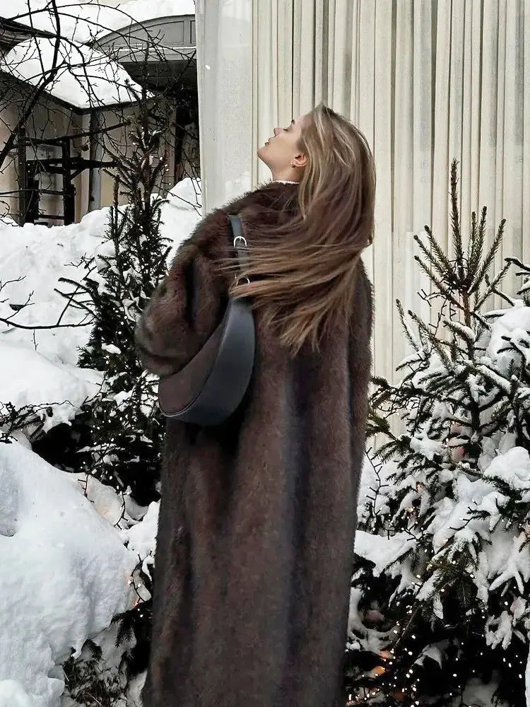 ZADORIN 120cm Super Long Luxury Winter Brown Faux Fur Coat Woman Elegant Belted Lapel Thick Fluffy Fur Jacket High Quality Coats ZITA LA BELLE ÉLITE