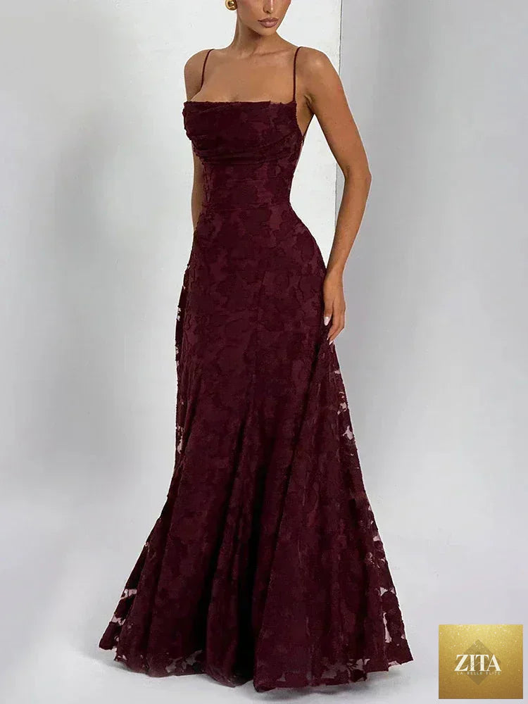 Femstylo women's backless spaghetti strap maxi dress with lace-up front, off-shoulder, sleeveless design, perfect for evening or party wear.