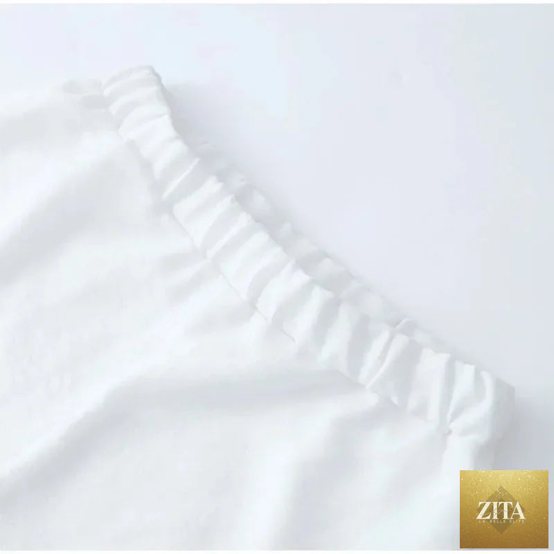 Women's solid cotton linen ruffle shorts suit with V-neck long sleeves and drawstring waist, two-piece set in a relaxed fit.