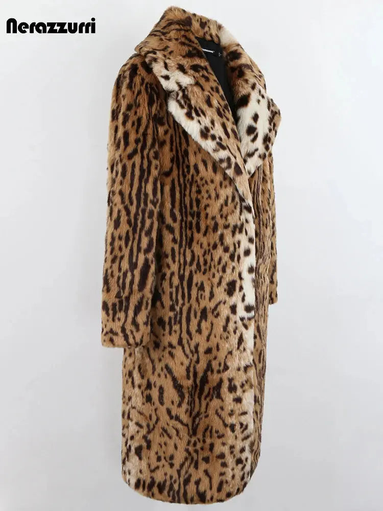 Nerazzurri Winter Long Loose Luxury Thick Warm Soft Fluffy Leopard Print Faux Fur Coat Women Lapel Runway European Fashion 2022 ZITA LA BELLE ÉLITE