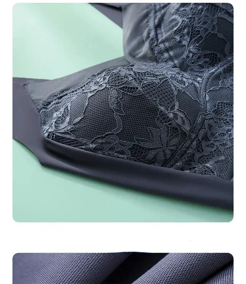 Femstylo L-6L women’s large push-up ice silk seamless lace wireless bralette, summer plus size lingerie top with lace details.
