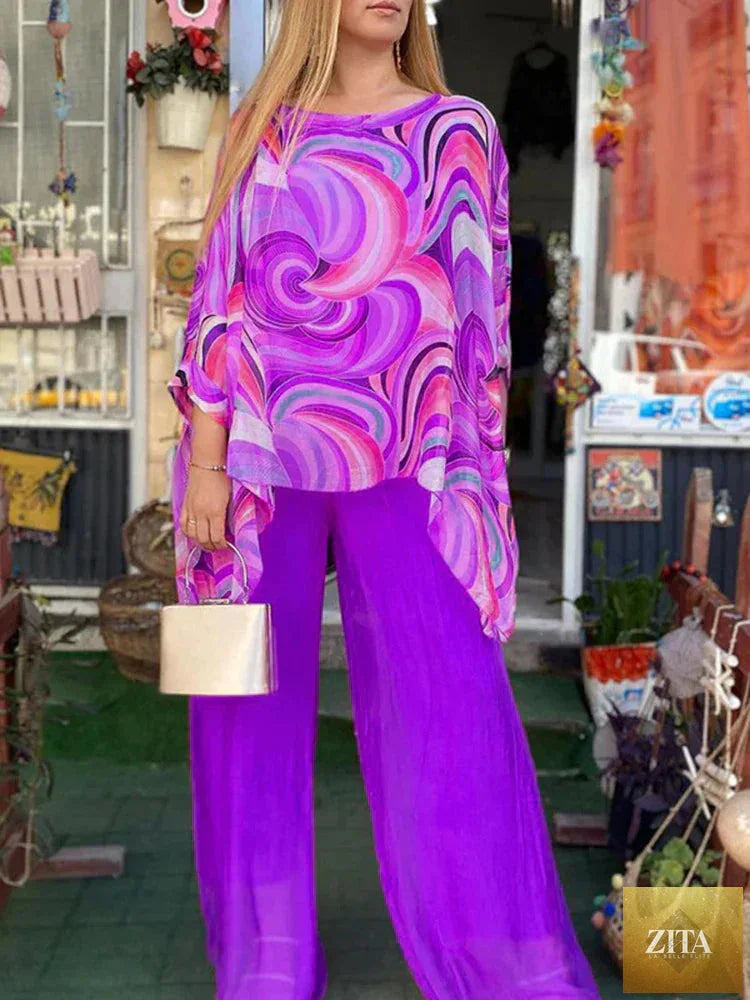 Zita La Belle Elite women's chiffon two-piece set featuring an O-neck long sleeve top and wide-leg pants.