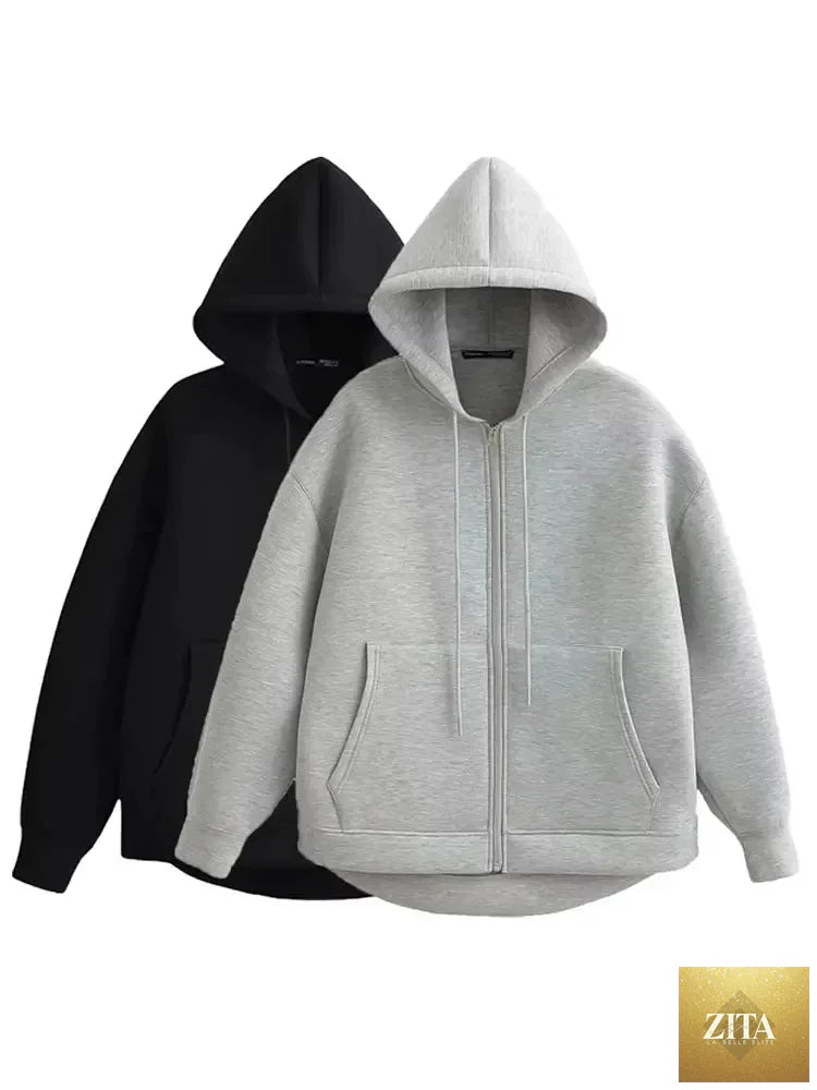 LadyShow.Store women's autumn casual hooded jacket with loose fit, zipper closure, solid color, perfect for office and casual wear
