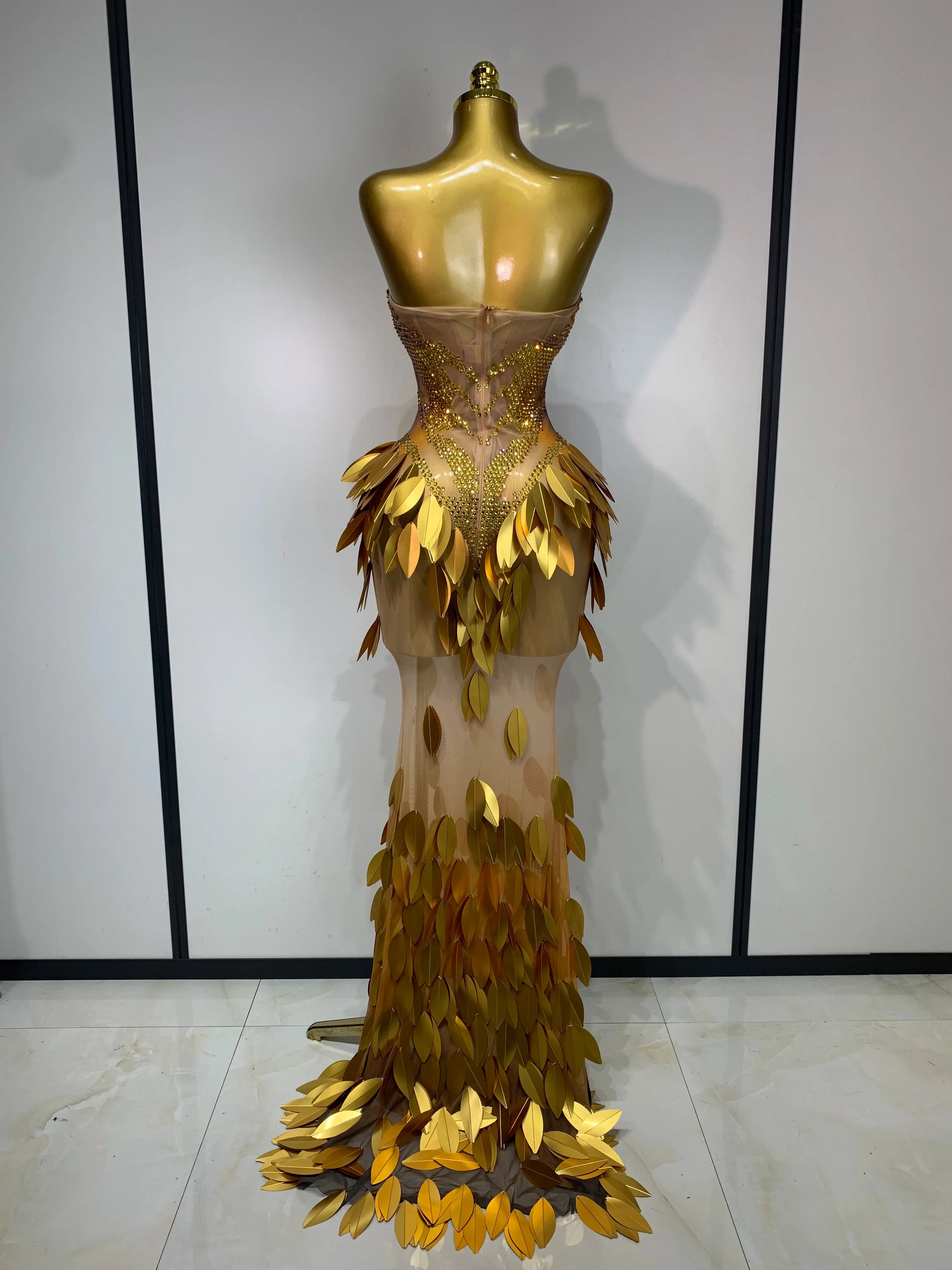Women’s strapless mesh maxi dress by FLIPSTYLEZLLC with gold rhinestones, sequins, perfect for evening parties and special occasions.
