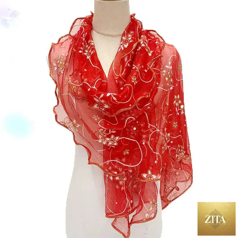 Lightweight lace silk scarf with elegant print, women’s neckerchief shawl, stylish wrap for versatile fashion looks.