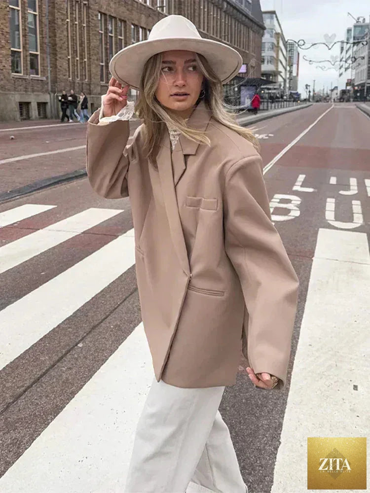 Women's Femstylo V-neck long sleeve suit jacket with side buttons, solid color, oversized fit, pocket cuffs, high street style.