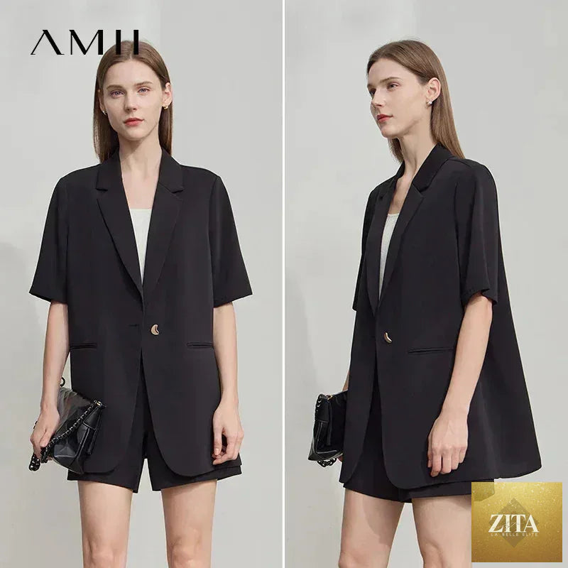 Femstylo Amii Women's Summer Blazer with notched lapel, contrast patchwork, short sleeves, and one-button design.