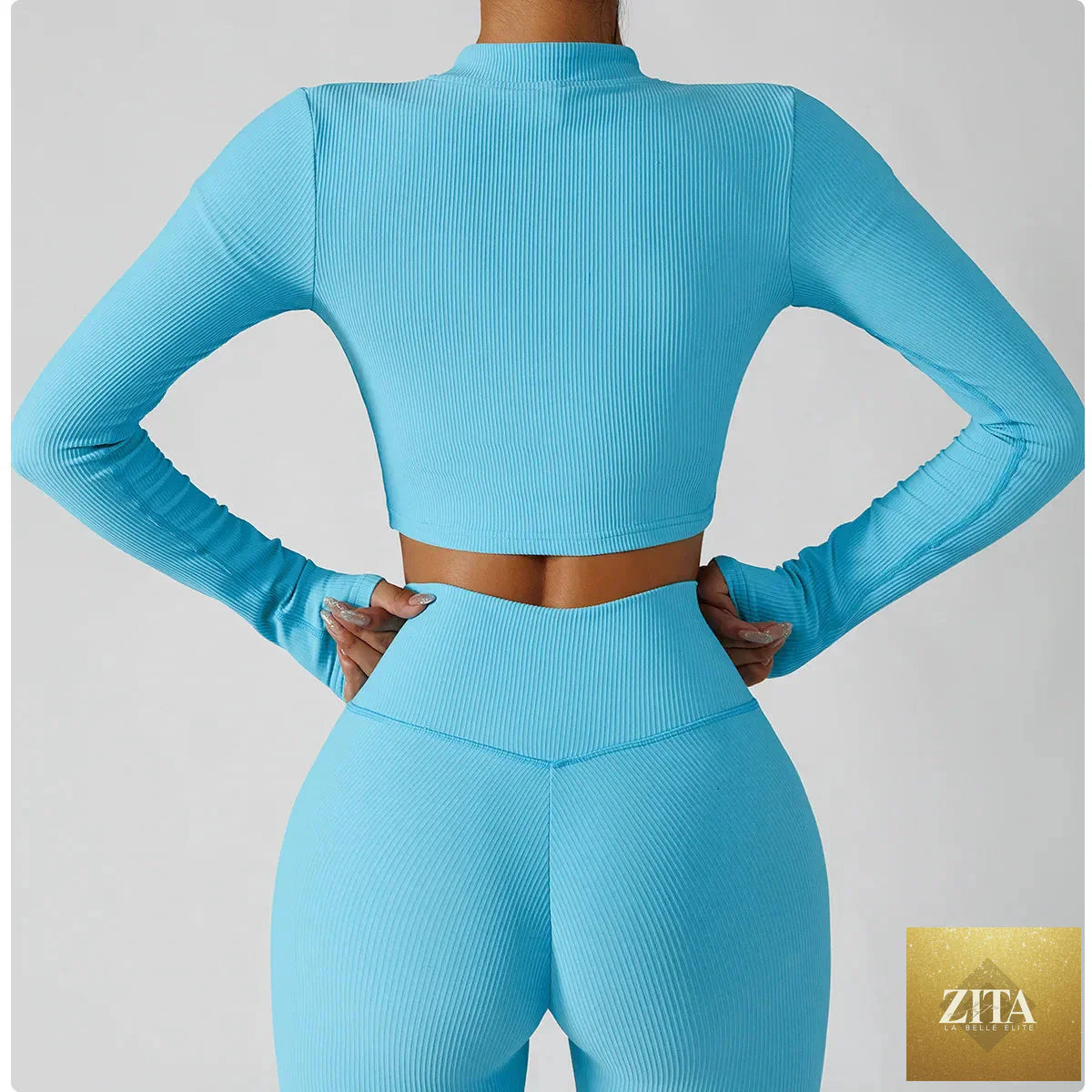 FitiqueFit 3-piece seamless yoga set with jacket, sports bra, and leggings for activewear, shown in a comfortable, flexible fit.