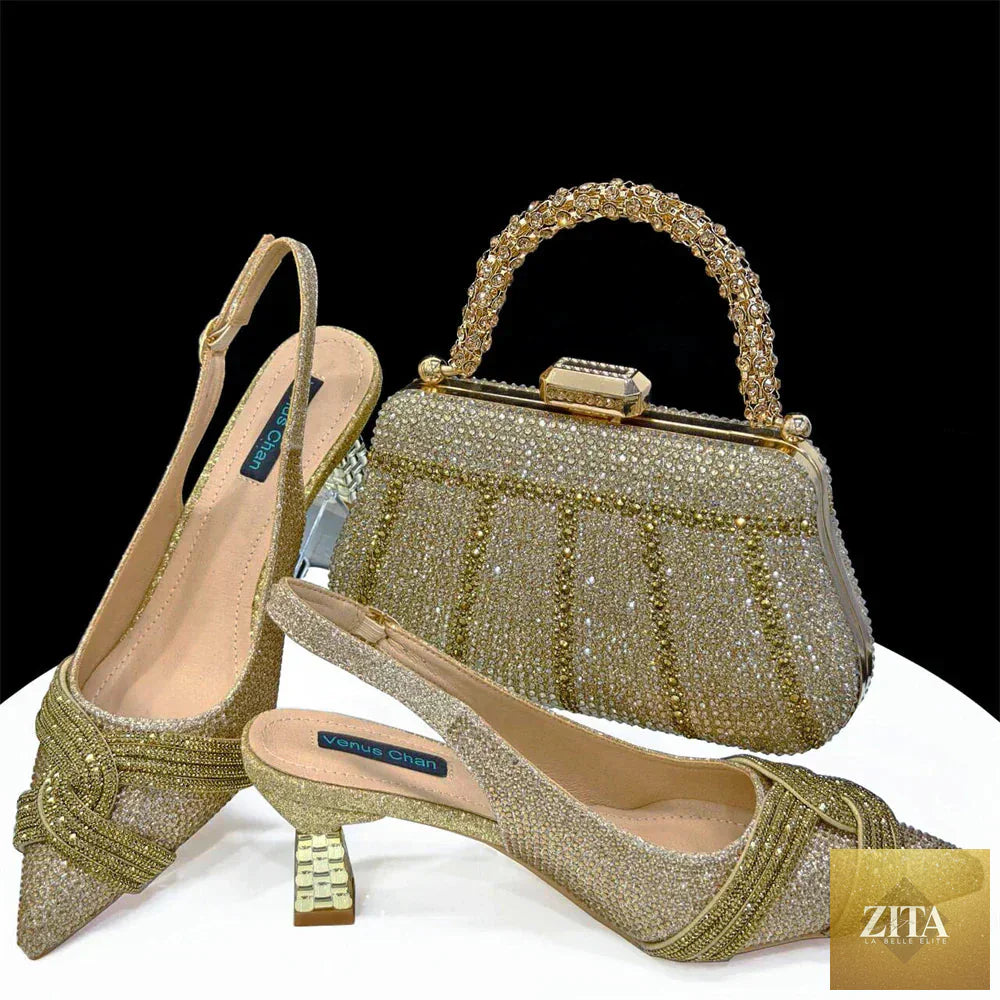 Elegant women's shoes and matching bag set with rhinestone accents by EdleessFashion, perfect for formal occasions.