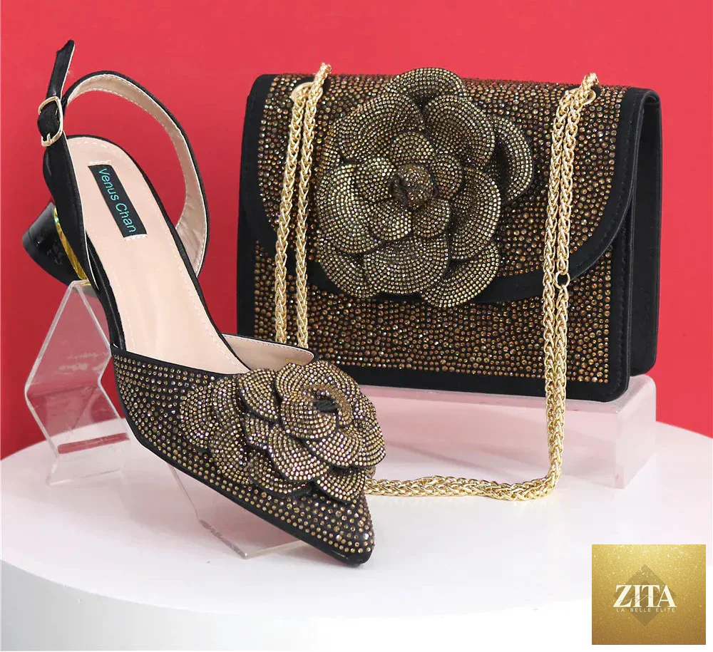 Elegant lady shoes and matching bag set with rhinestones, showcasing luxurious design from EdleessFashion.