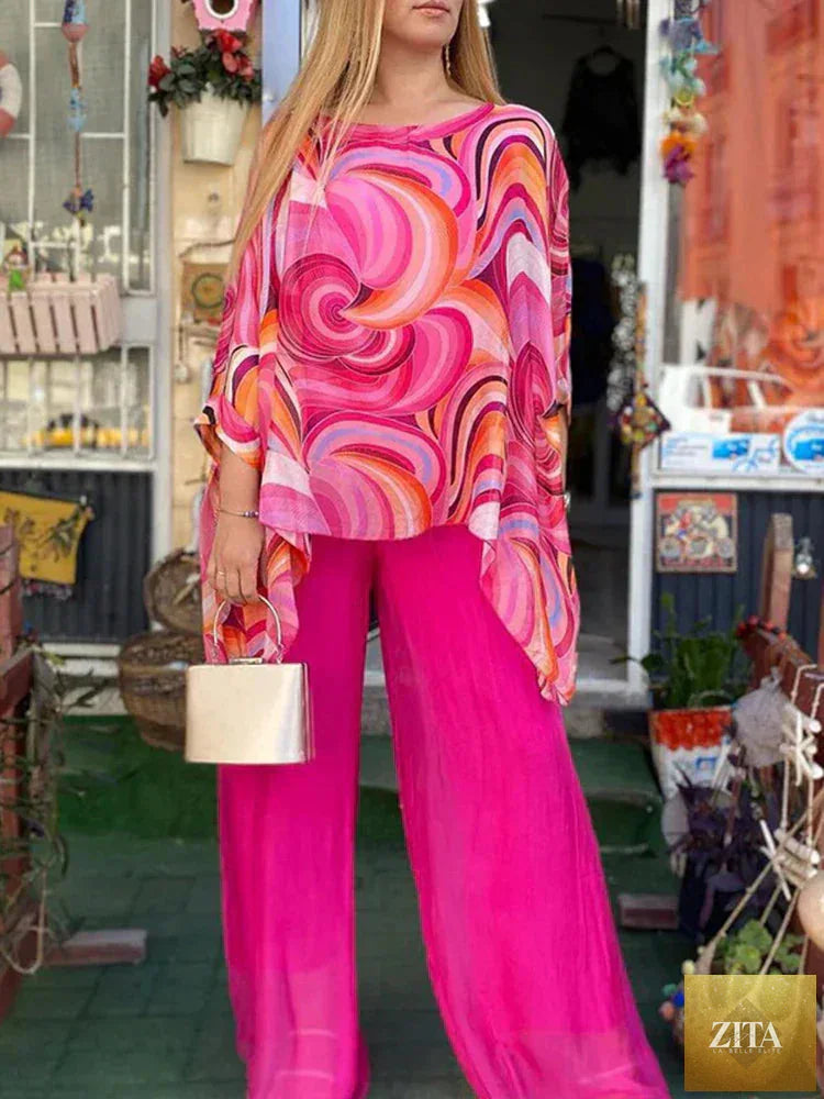 Zita La Belle Elite women's chiffon two-piece set with O-neck long sleeve top and wide-leg pants, elegant and flowy.