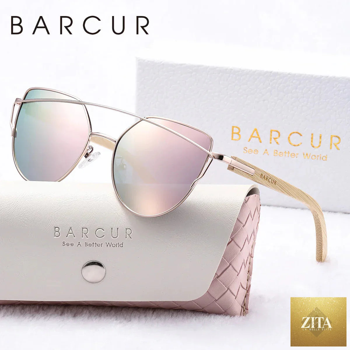 Stevvex BARCUR luxury women's cat eye polarized sunglasses with bamboo foot frame and mirrored lenses in a white gift box.