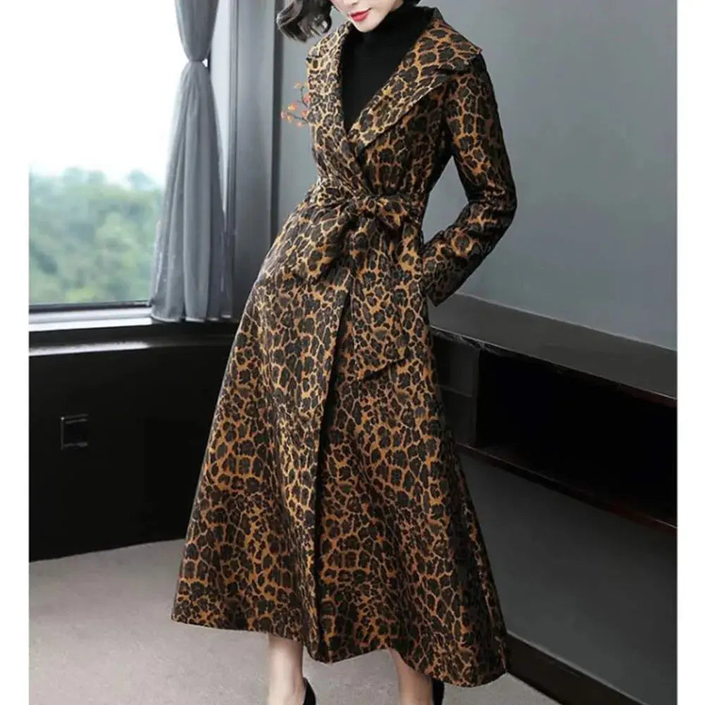 High End Fashion Leopard Coat Women Spring Autumn Korean Slim Long Trench Coat Female Windbreaker With Belt Mother Outwear 4XL ZITA LA BELLE ÉLITE