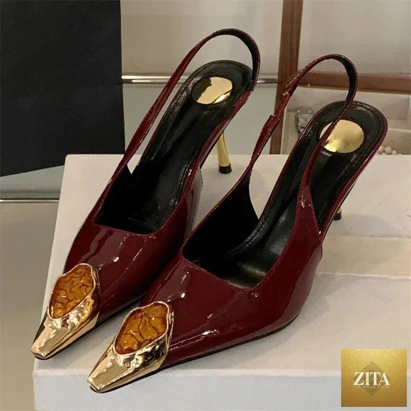 Elegant lady pumps sandals with metal square head and diamond accents, featuring low heels and a stylish slingback design.