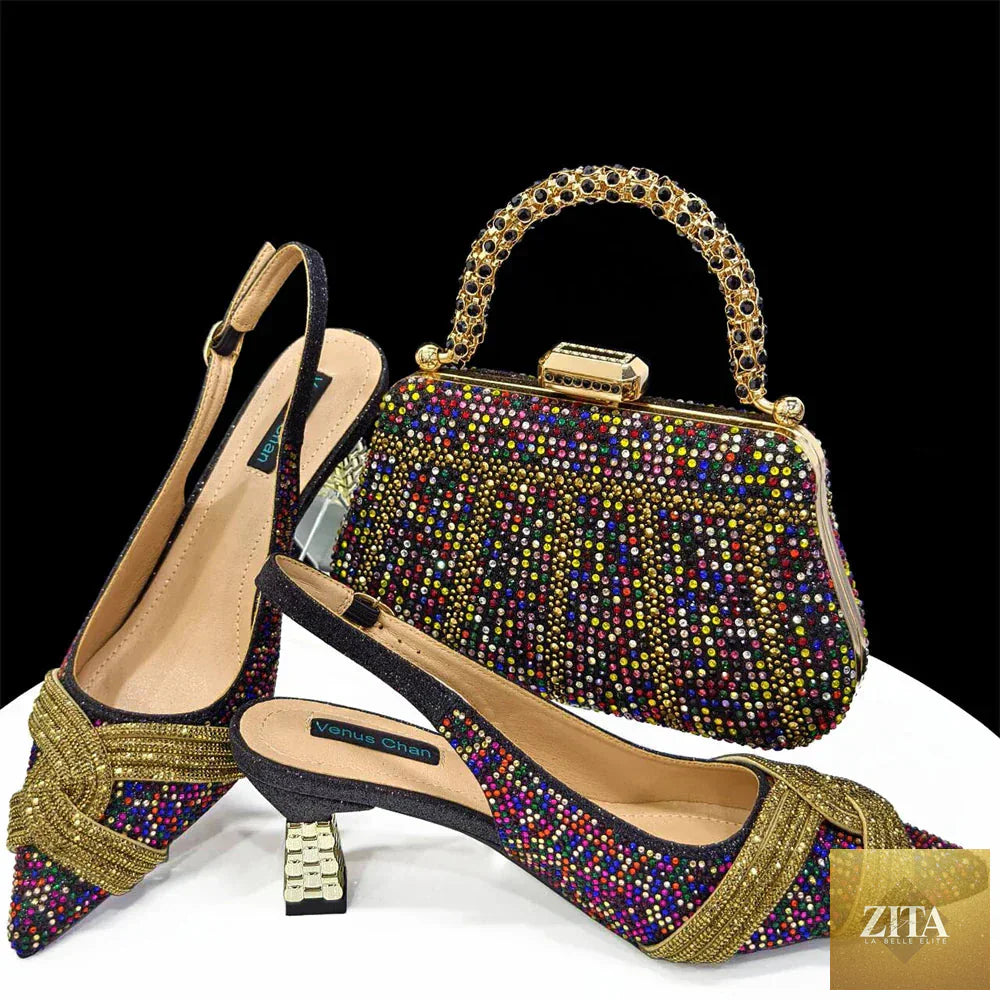 Luxurious women's shoes and bag set with rhinestones by EdleessFashion, stylish and elegant for special occasions.