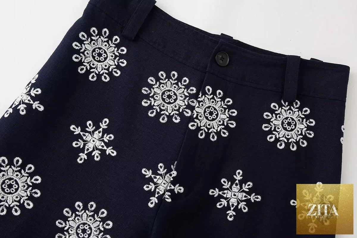Navy blue floral embroidery cropped pants for women by Ladyez, summer casual fashion pants with zip closure.