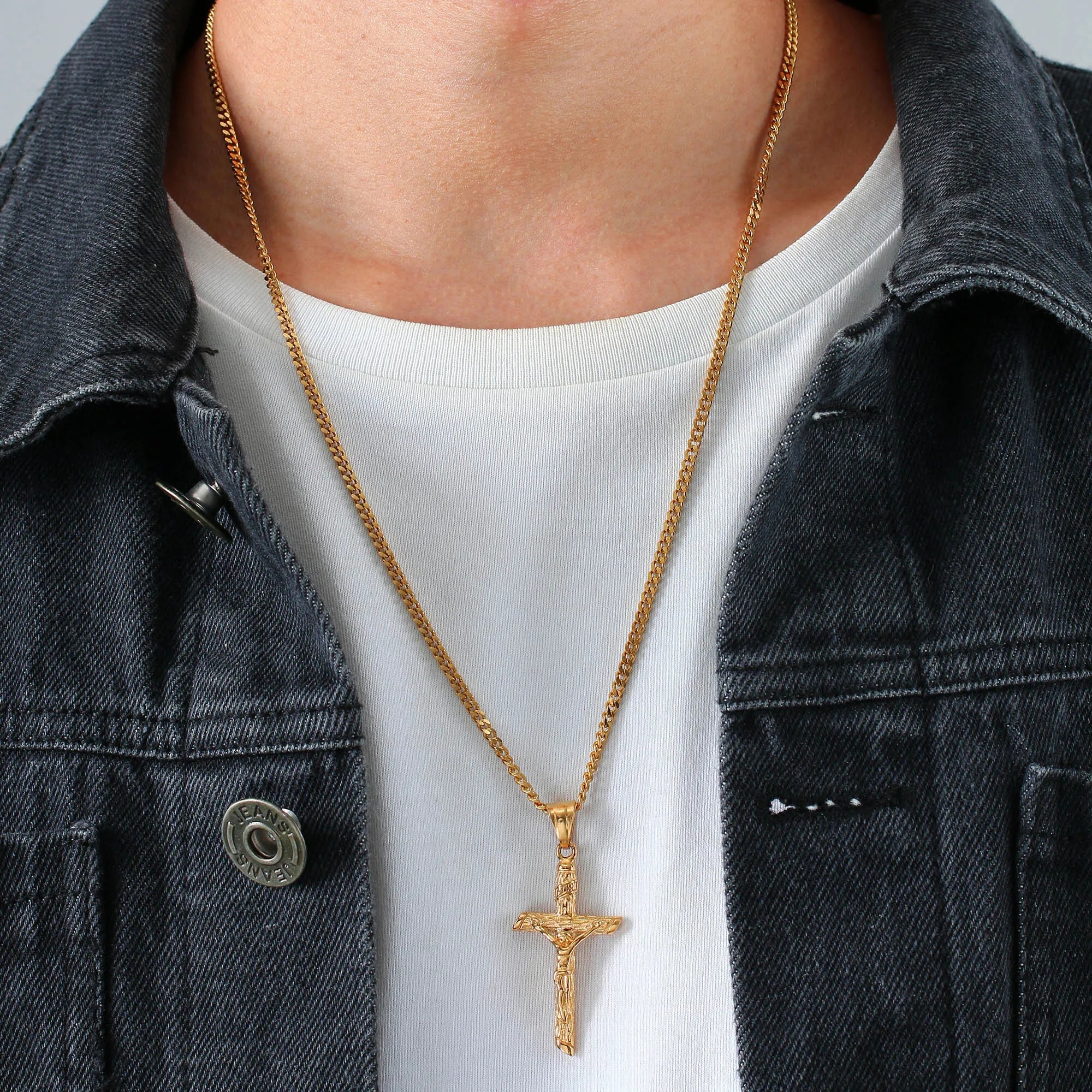 Gold-colored stainless steel cross necklace with Jesus pendant, Catholic faith jewelry for men and women, prayer gift.
