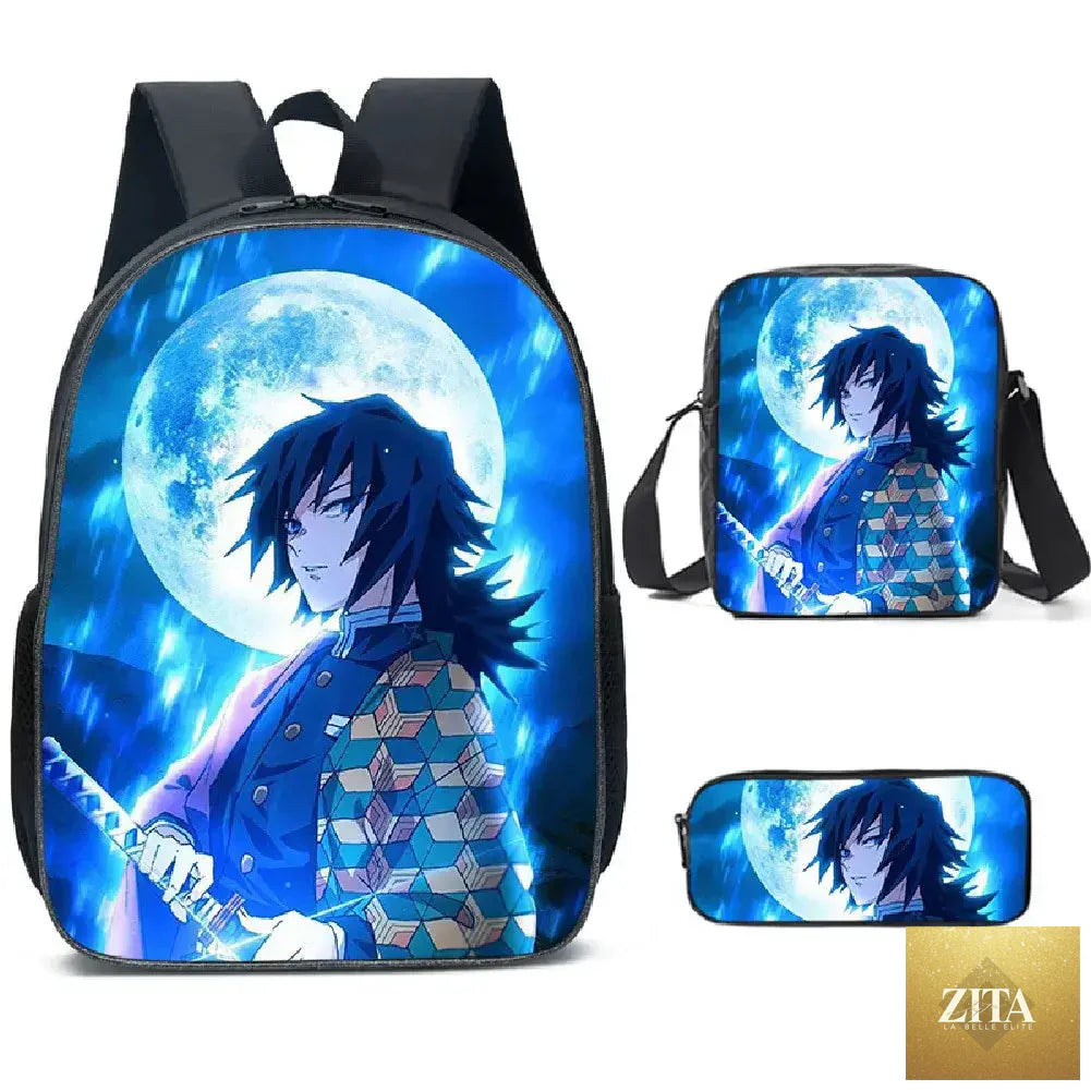 Demon Slayer Nezuko backpack from Infinite Visibility, part of a 3-piece schoolbag set, featuring colorful Nezuko design and adjustable straps.