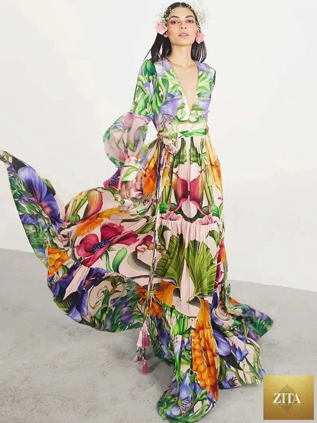SMinvite 2PC cover-up swimsuit with printed ruffle design, deep V neckline, and kimono style for stylish beachwear.