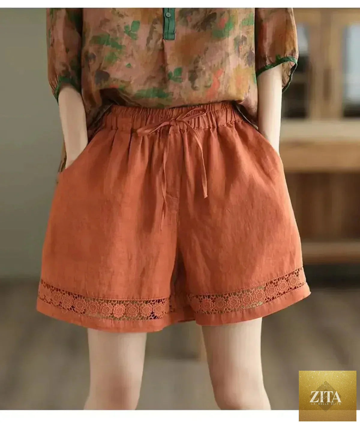 Women's cotton linen high-waist shorts with tie-belt, embroidered hollow design, casual straight fit by Femstylo.