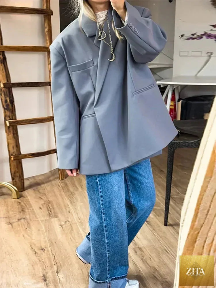 Women's Femstylo V-neck side-buttoned suit jacket with long sleeves, solid color, oversize fit, pocket cuffs, high street style.
