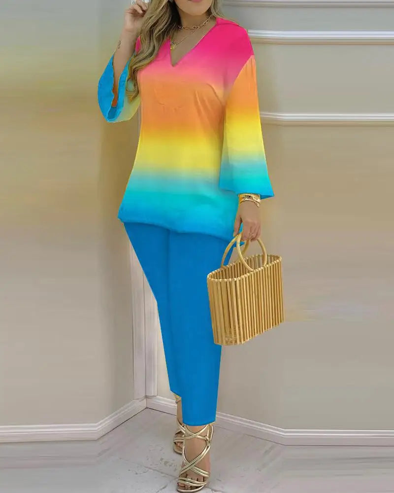 Women’s long sleeve V-neck polyester two-piece set with printed design, stylish and comfortable for casual wear.