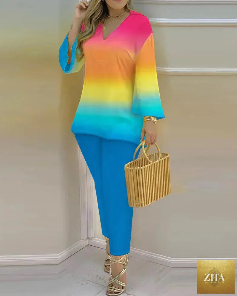 Women’s long sleeve V-neck polyester two-piece set with printed design, stylish and comfortable for casual wear.