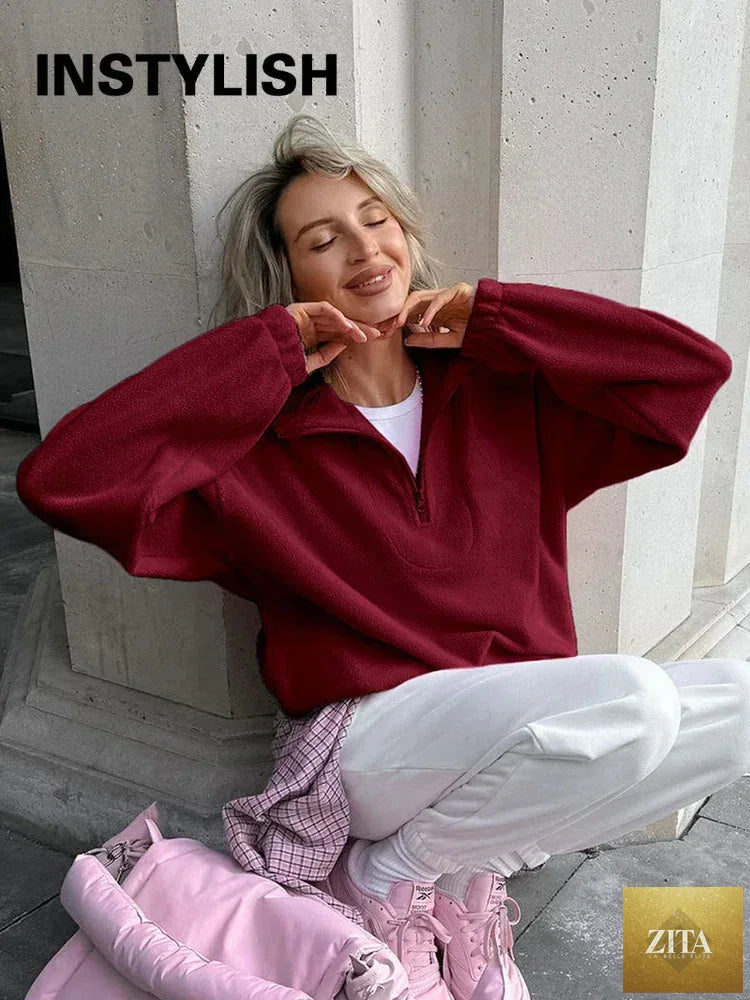 Women’s autumn winter fleece hoodie by LadyShow with stand collar, zipper, loose fit, solid color, casual streetwear style.