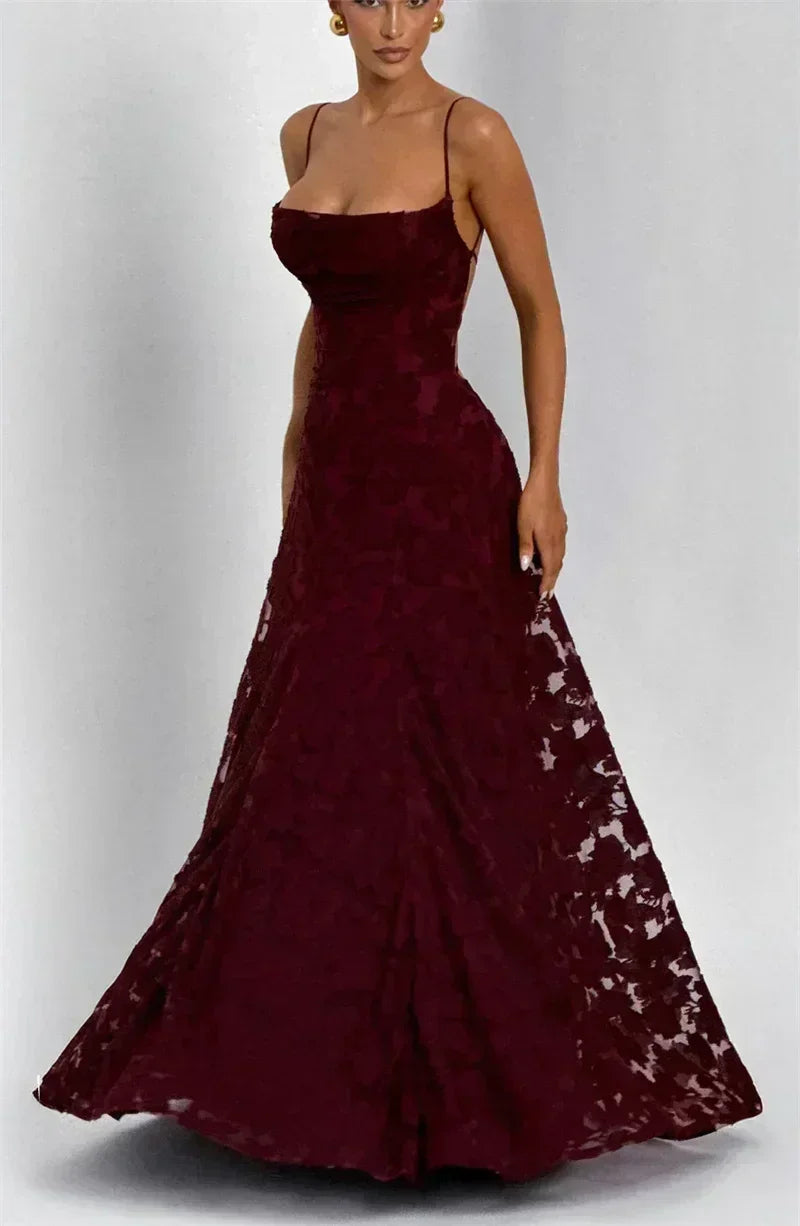 Femstylo women's backless spaghetti strap maxi dress with lace-up front, off-shoulder design, perfect for evening parties and events.