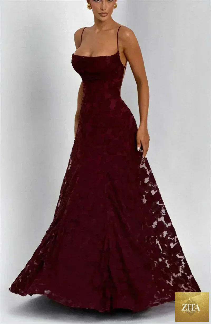 Femstylo women's backless spaghetti strap maxi dress with lace-up front, off-shoulder design, perfect for evening parties and events.