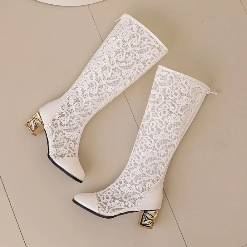 Vintage Hollow Embroider Mesh Surface Knee Length Women's Boot 5.5cm Thick Heel Fashion Women's Boot 34-47 Summer Cool Boots