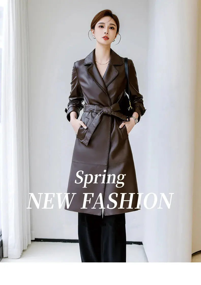 Women's Genuine Leather Trench Coat Lace-Up Long Slim Fit Spring Autumn Sheepskin Top ZITA LA BELLE ÉLITE
