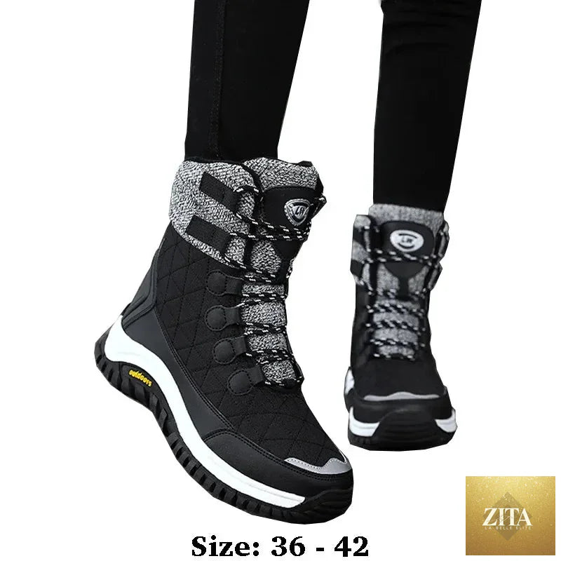 Women's fur-lined ankle snow boots by SHOMICOBOUTIQUE, designed for hiking, showing black waterproof exterior and cozy fur lining.