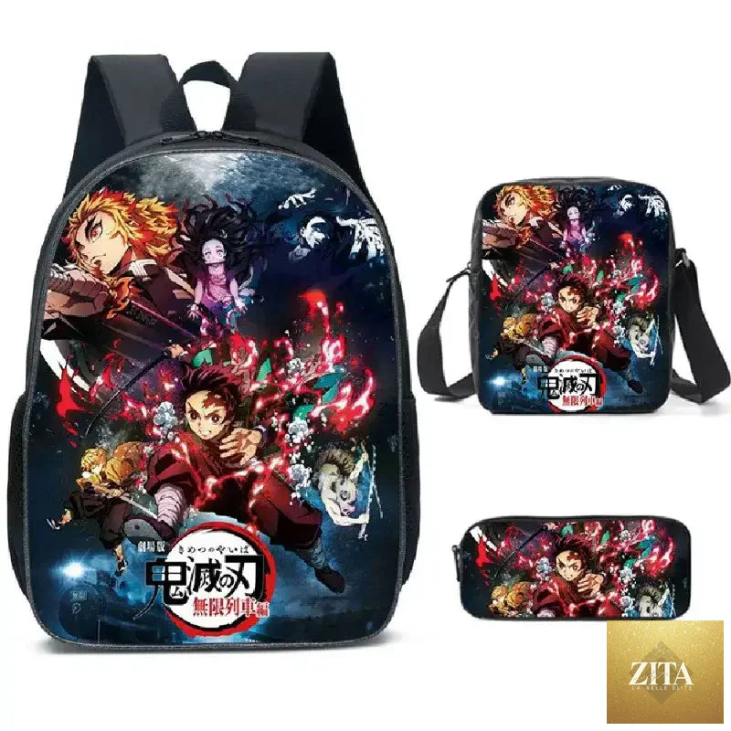 Nezuko Demon Slayer backpack from Infinite Visibility, part of a 3-piece schoolbag set, featuring colorful demon slayer character design.