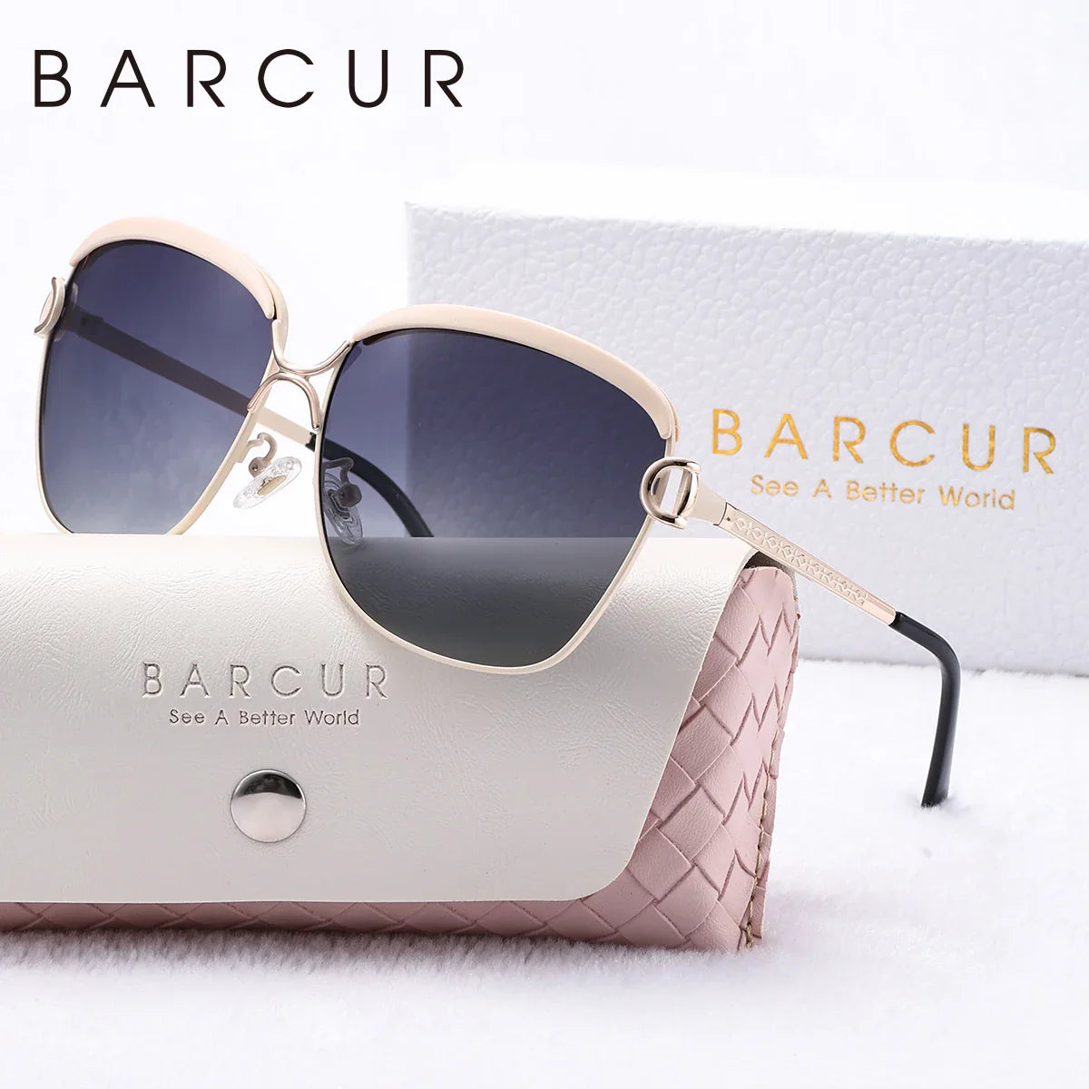 Stevvex BARCUR women's polarized square sunglasses with metal frames, UV400 protection, multi-color options, displayed with white gift box.