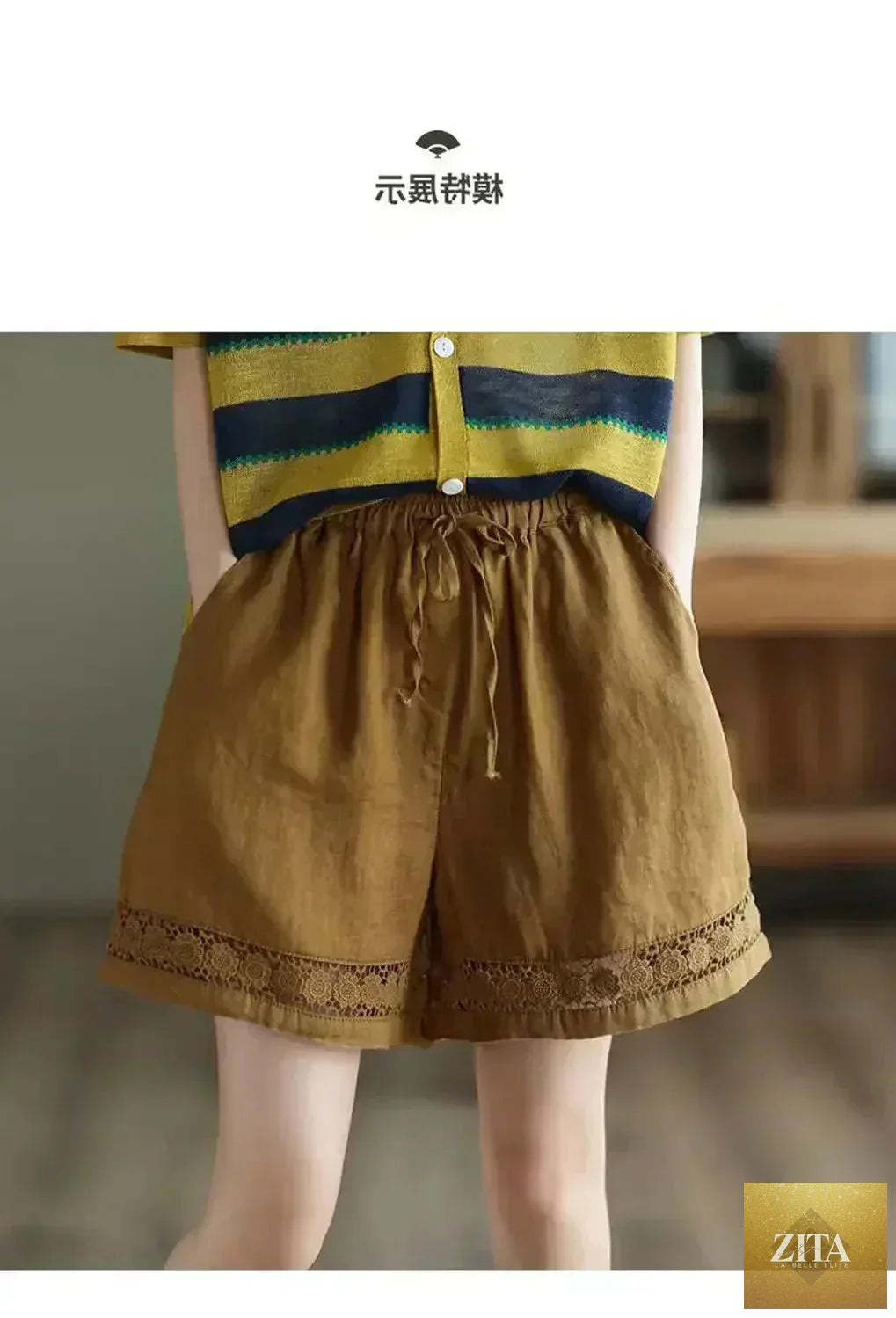 Femstylo high-waist cotton linen vintage shorts with tie belt, embroidered hollow design, casual straight fit.