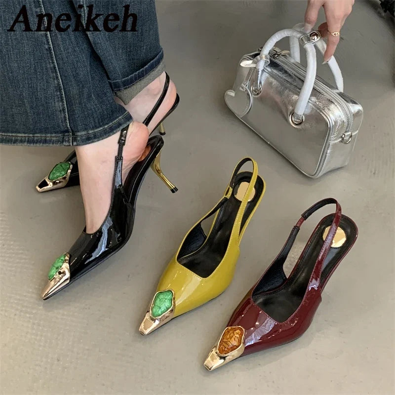 Elegant LadyShow.Store metal square head pumps featuring diamonds, low heel, slingback design, perfect for street style and banquets.