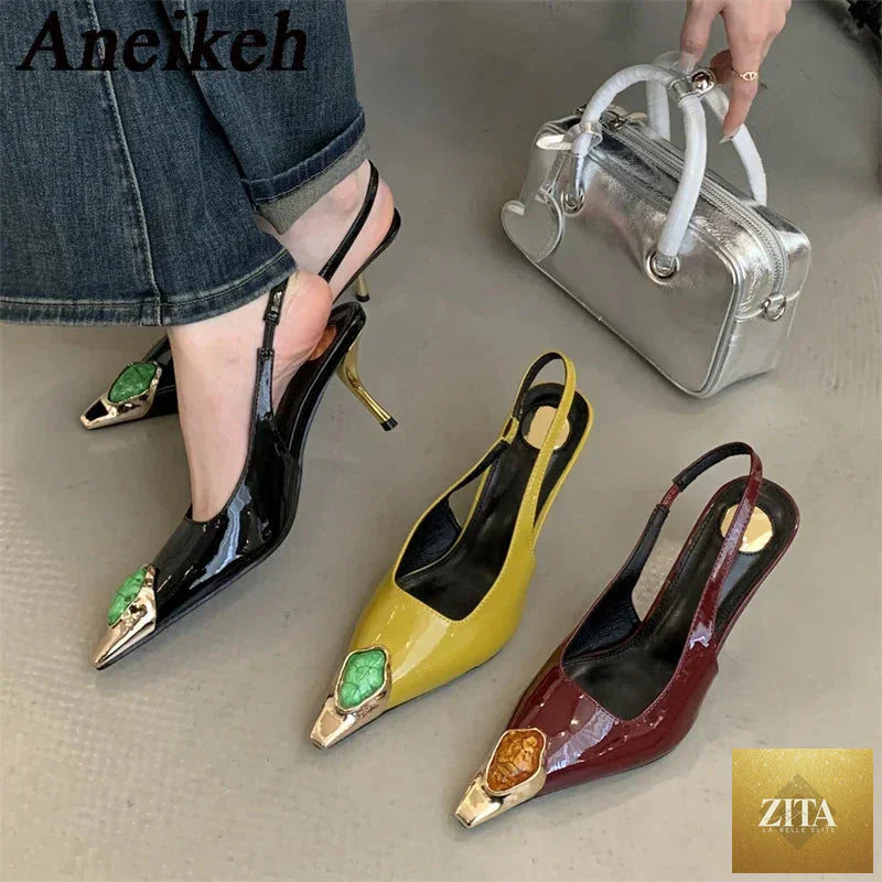 Elegant LadyShow.Store women’s square head metal pump sandals with low heels and banquet slingback design, perfect for stylish occasions.