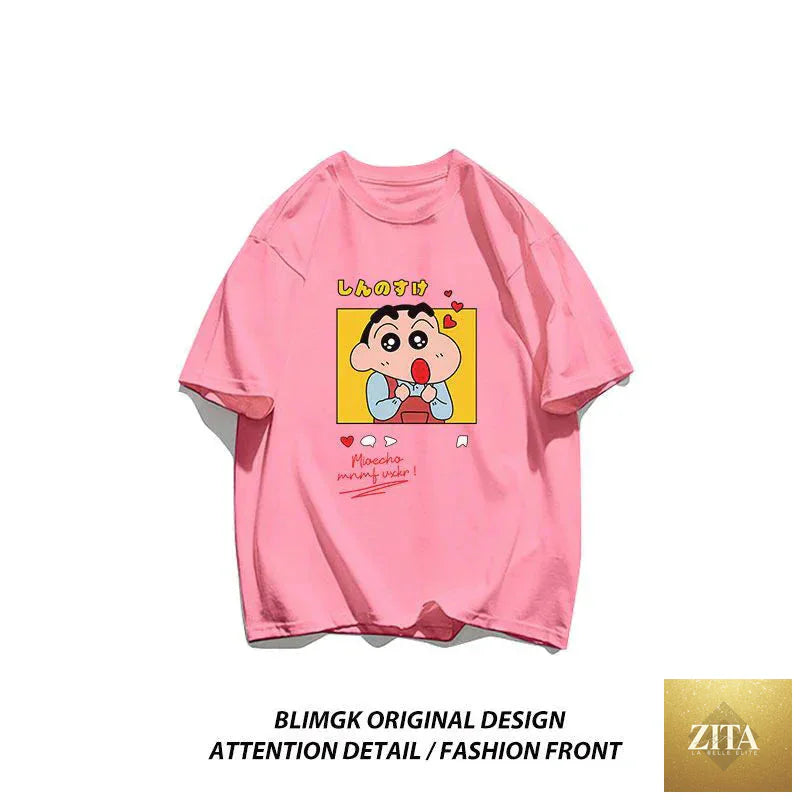 Zita La Belle Elite Crayon Shin-chan "Beloved Woman" cotton T-shirt featuring playful anime streetwear design.
