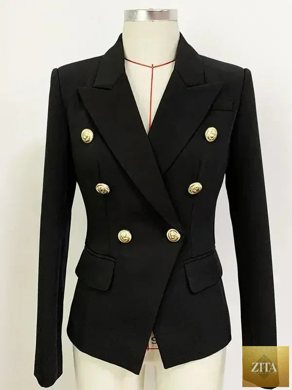 Women's leather blazer by Femstylo featuring double-breasted design, metal lion buttons, stylish outerwear in size S to 5XL.