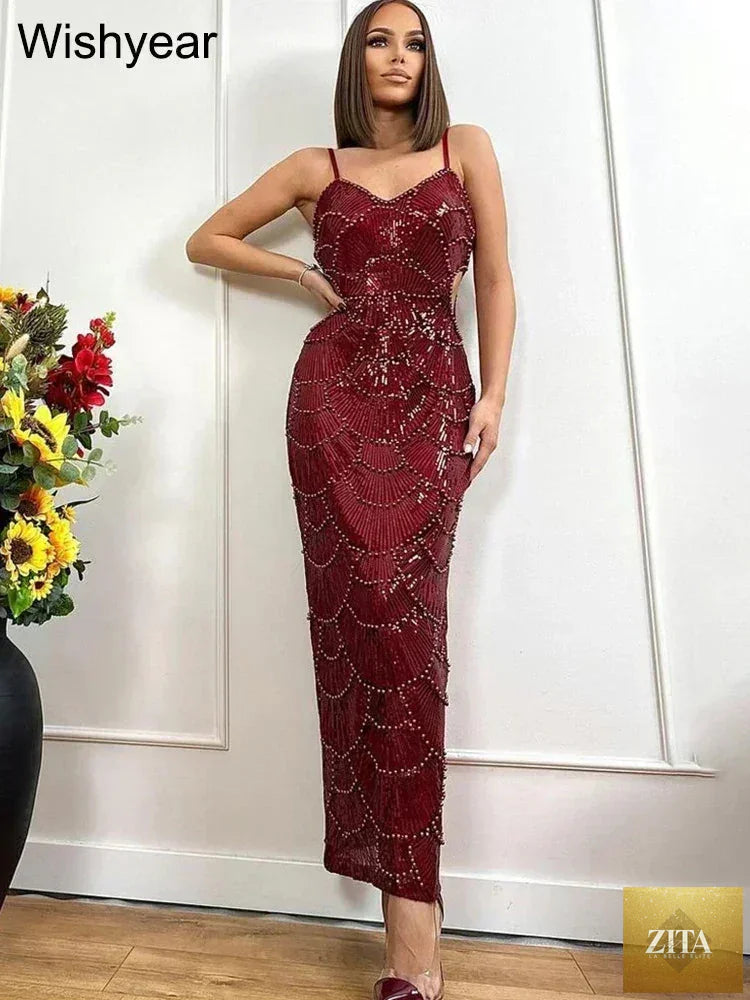 Femstylo women's sequin hollow out backless mermaid evening gown with spaghetti straps, perfect for parties or weddings.