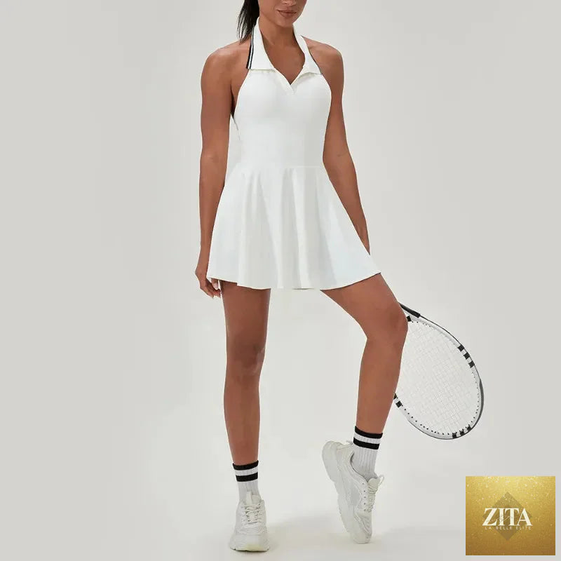 A-line women's tennis and golf jumpsuit dress by THRIXINE, featuring a sporty design suitable for active wear and outdoor sports.